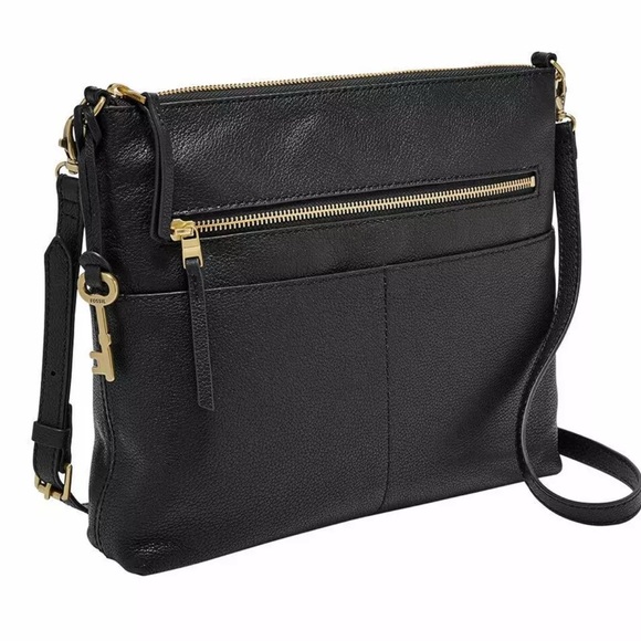Fossil Handbags - Fossil Fiona Black Leather Crossbody Handbag Purse Pebbled Leather Pockets Charm
